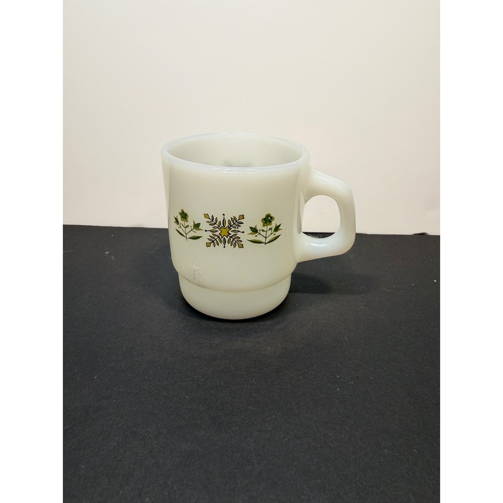 Vintage Fire-King Milk Glass Stackable Mug Green Yellow Floral Snowflake Pattern